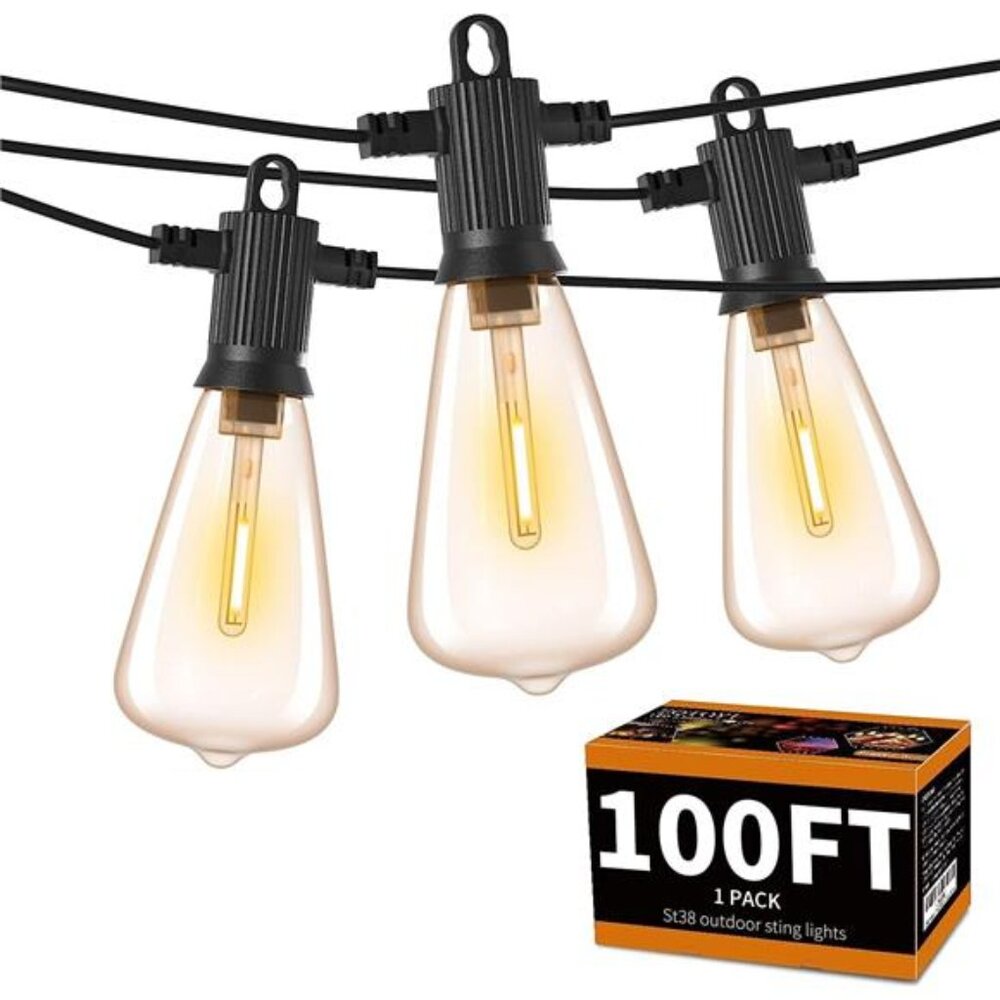 Outdoor String Lights 100 FT,Waterproof IP65 LED Patio Lights with 52 ST38 Bulbs